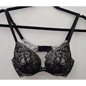 Victoria's Secret 2012 Women's Plunge Lace Bra Black & Nude Size 34B Rhinestone